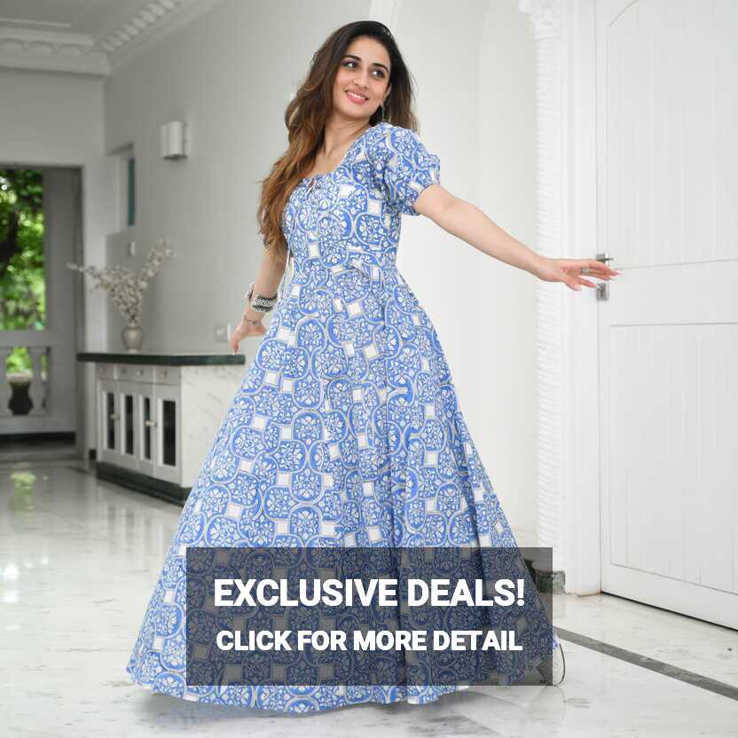 Buy Bunaai Twilight Blue &amp; White Flare Maxi Cotton Dress For Women ...