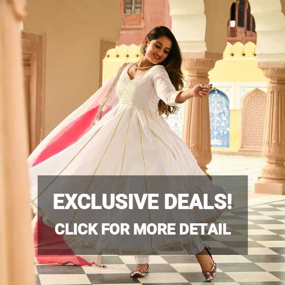 Buy Bunaai White Anarkali Kurta With Pant and Dupatta Set For ...