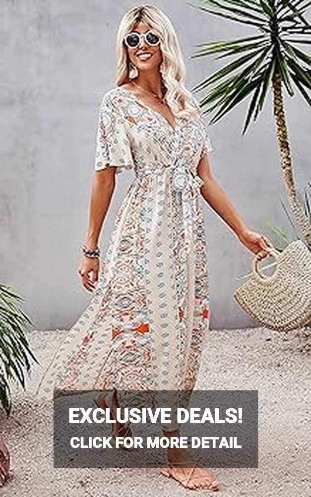 Buy CCTOO Women&#39;s Summer Maxi Dress Casual Boho Floral Wrap V Neck ...