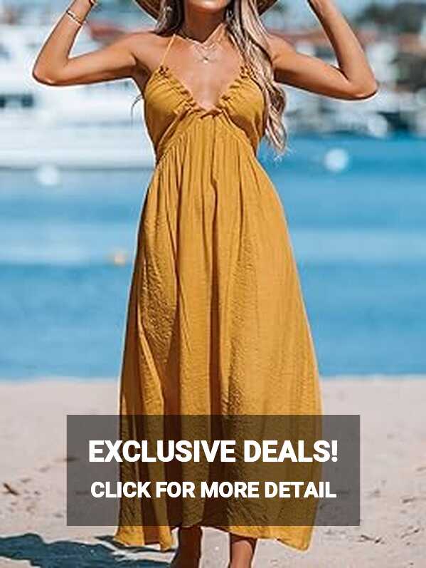 Buy CUPSHE Women Halter V-Neck Beach Long Dress Summer Relaxed Fit ...