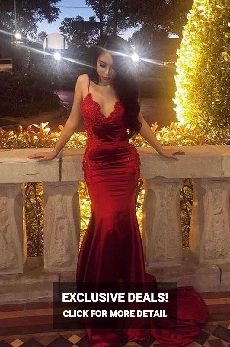 Buy Chic Red Spaghetti Straps Mermaid V Neck Prom Dresses with ...