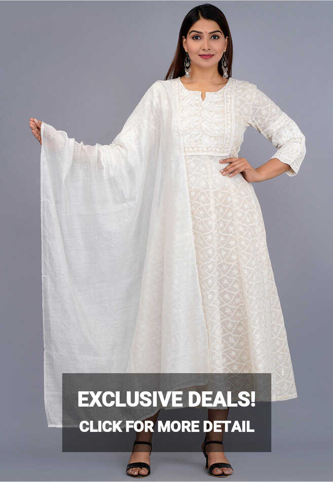 Buy Chikankari Pure Cotton Anarkali Suit in Off White Online ...