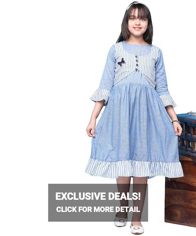 Buy Curly Tales Girls Blue Solid Cotton Dress (12 Years-13 Years ...