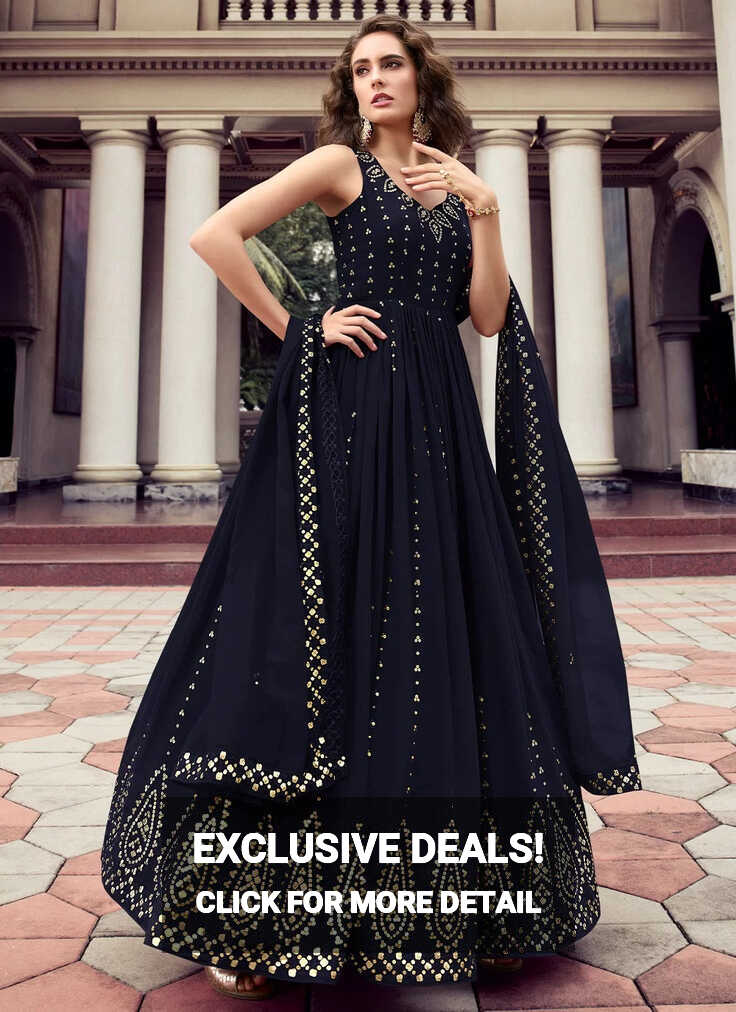 Buy Dark Blue Georgette Embroidered Anarkali Long Gown – Gunj Fashion