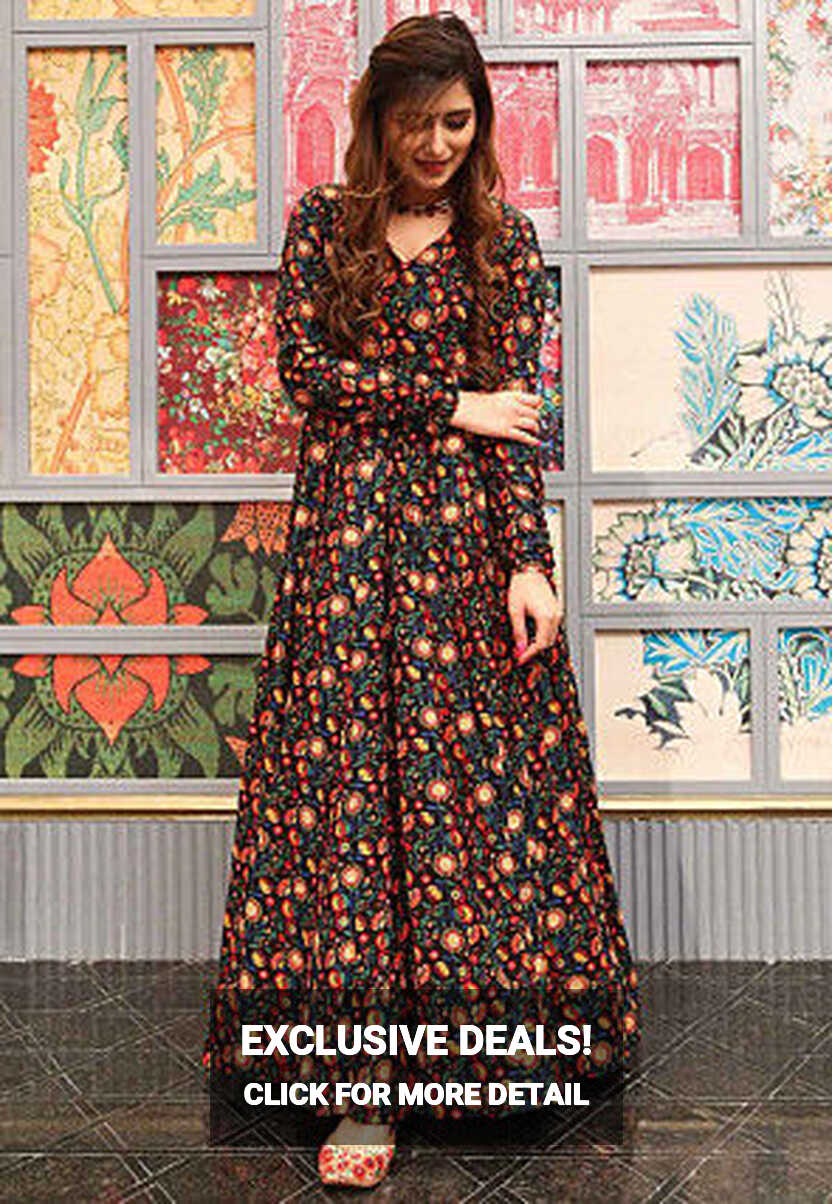 Buy Digital Printed Cotton Flared Gown in Black Online : TFJ113 ...