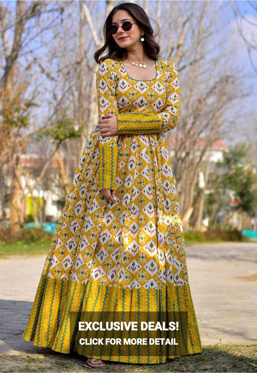 Buy Digital Printed Cotton Flared Gown in Yellow Online : TFJ117 ...