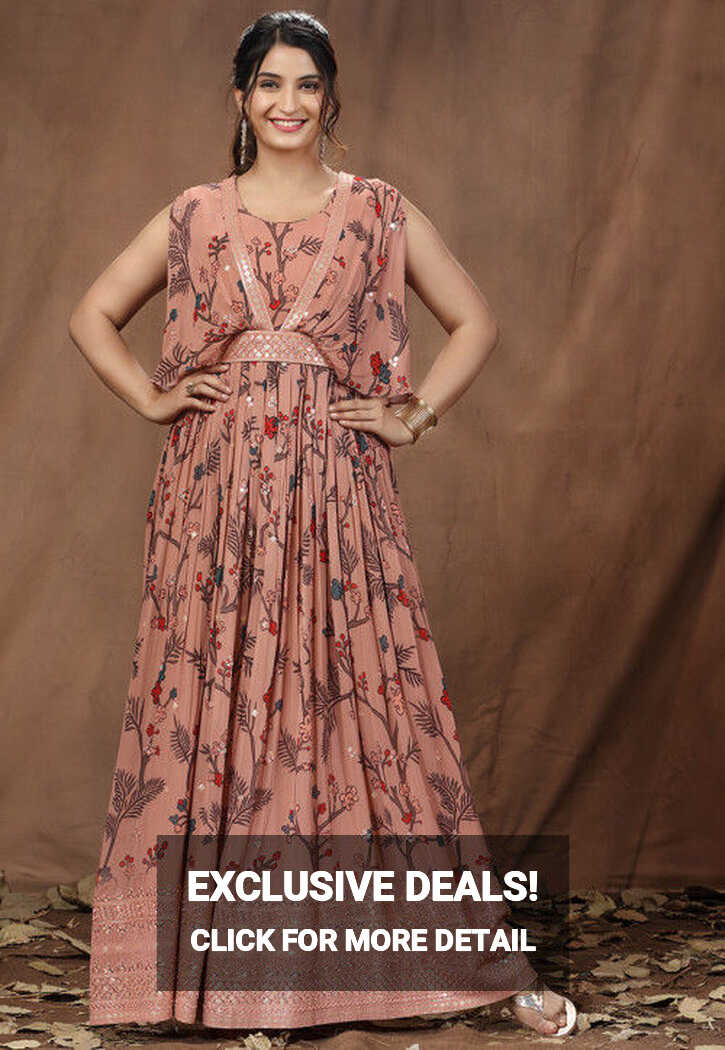 Buy Digital Printed Viscose Georgette Gowns in Dusty Peach Online ...