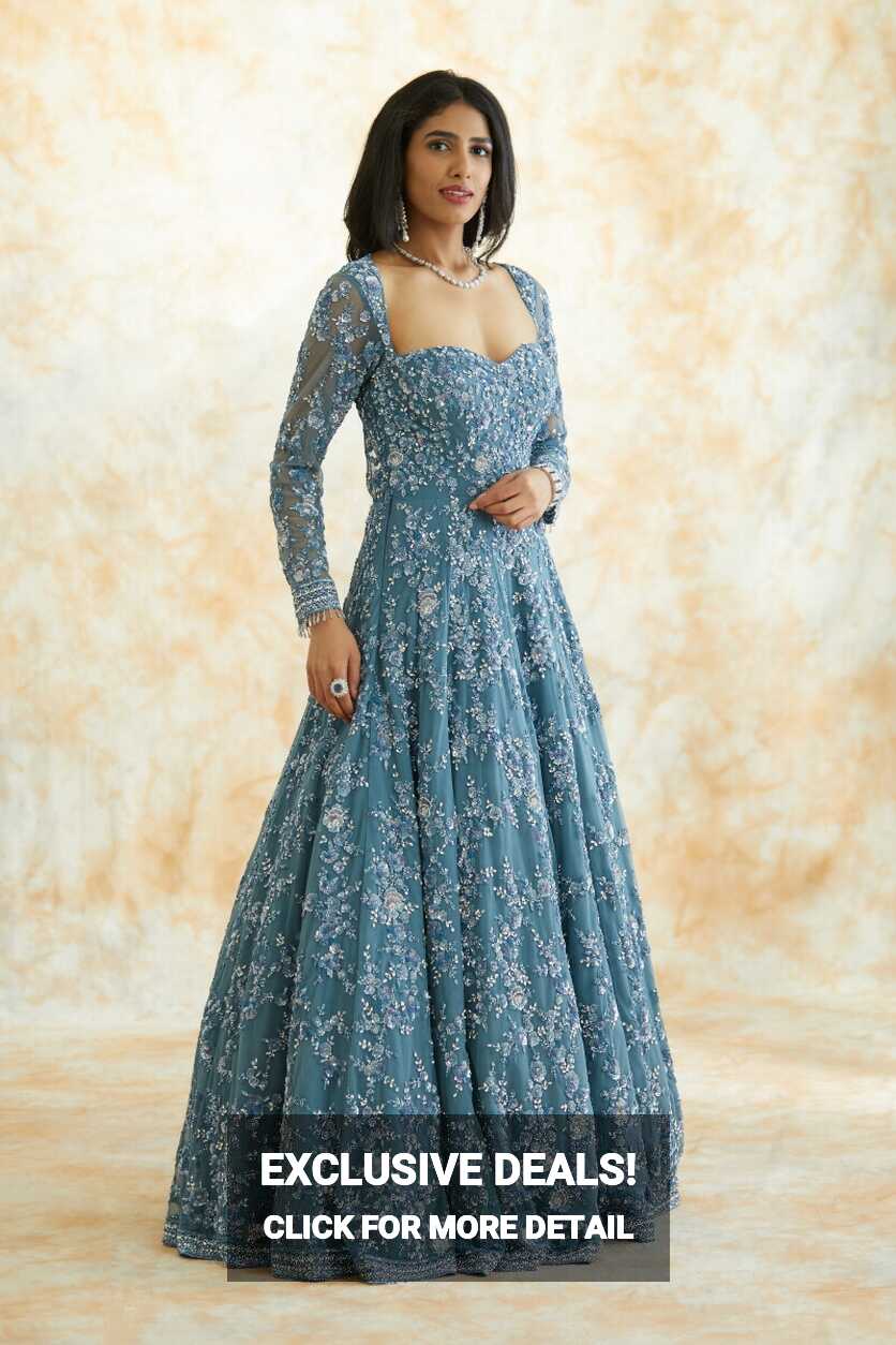 Buy Dusty Blue Embroidered Net Gown For Women Online - Frontierraas