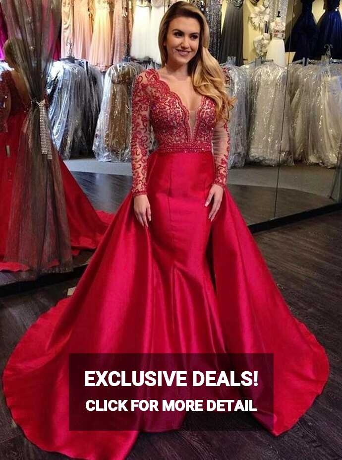 Buy Elegant Mermaid Long Red Long Sleeve Beading V Neck Lace Satin ...