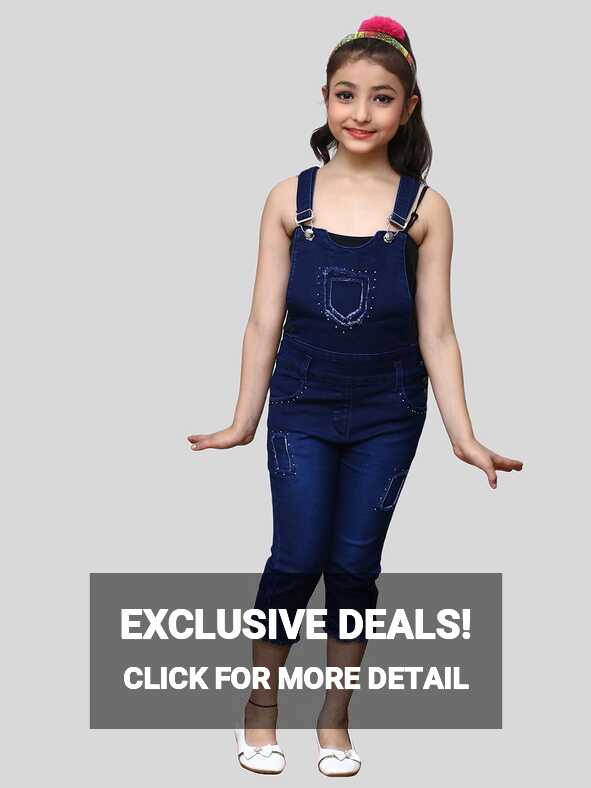 Buy Elendra jeans Girls Navy Blue Solid Denim Dungarees ...