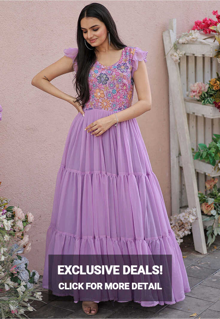 Buy Embroidered Georgette Tiered Dress in Light Purple Online ...