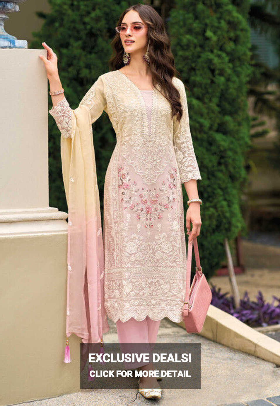 Buy Embroidered Organza Pakistani Suit in Cream and Light Pink ...