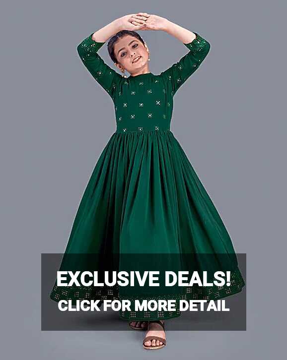 Buy Fashion Dream Girls Dark Green Floral Embroidered Georgette ...