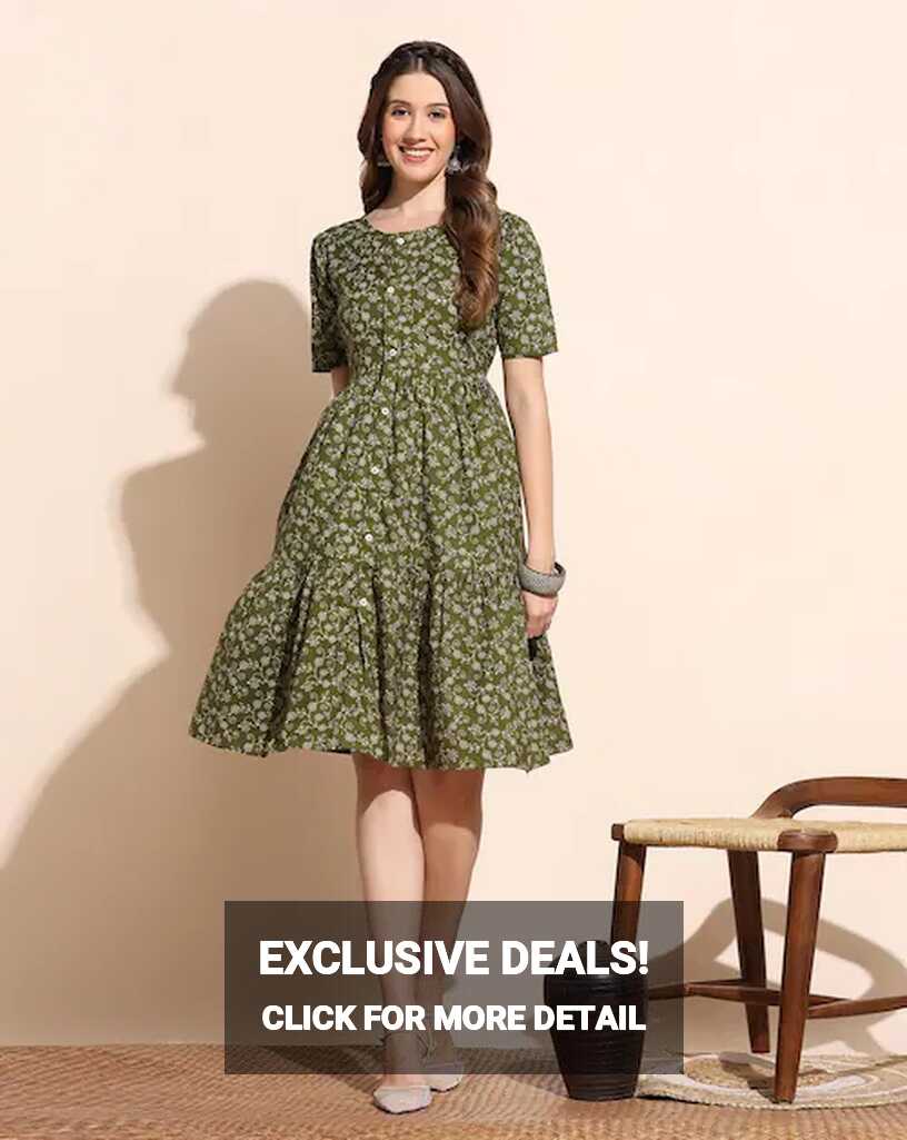 Buy Fashion Dream Women Olive Floral Printed Cotton Tiered Dress ...