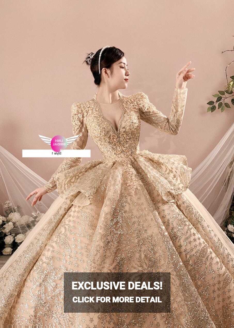 Buy Golden Princess Long Sleeves Sparkle Ball Gown Wedding/prom ...