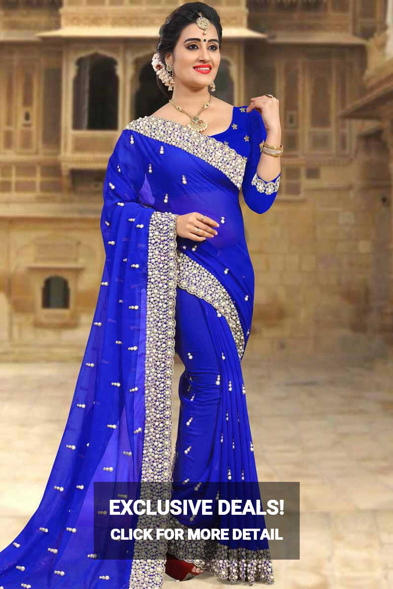 Buy Indian Dress Saree Royal Blue Georgette Latest Sarees U Neck ...