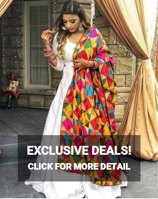 Buy Indian White Flared Gown Suit With Phulkari Dupatta Punjabi ...