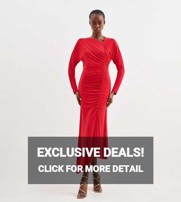 Buy Karen Millen Jersey Crepe Ruched Long Sleeve Maxi Dress In Red ...