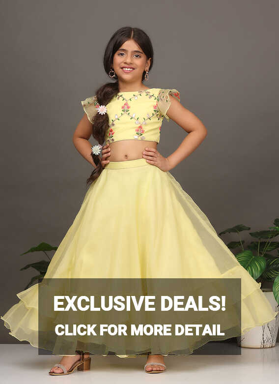 Buy Kids Girls Yellow Embroidered Crop Top N Skirt Set Festive ...