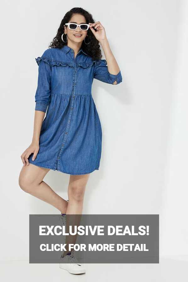 Buy LIFE Blue Solid Collar Neck Denim Women&#39;s Knee Length Dress ...