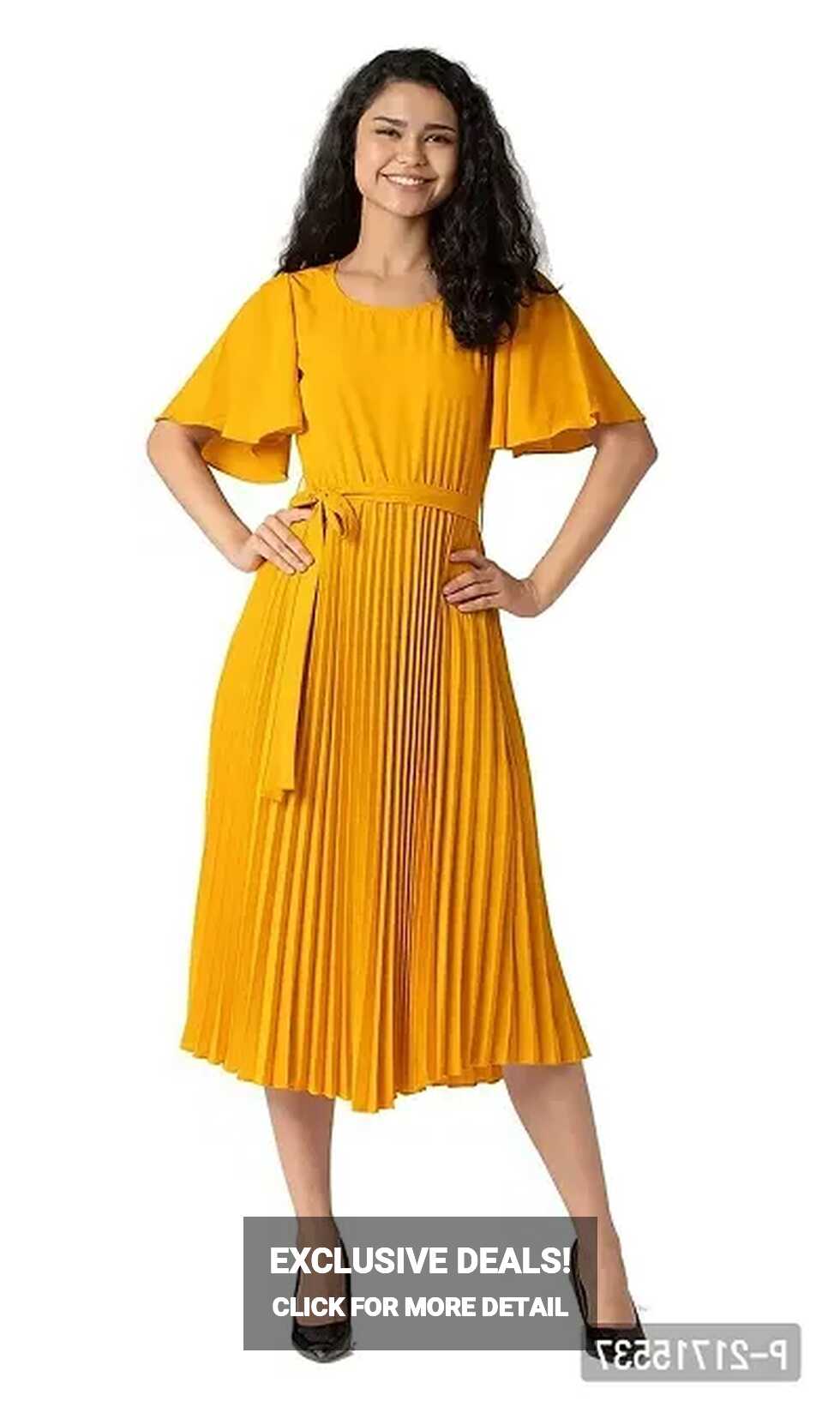 Buy Lebeauti Women&#39;s Crepe Pleated Bell Sleeves With Belt Knee ...