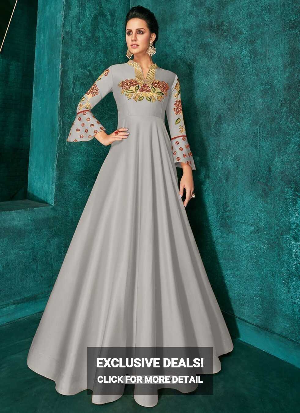 Buy Light Grey Heavy Embroidered Designer Gown For Girls | Gowns