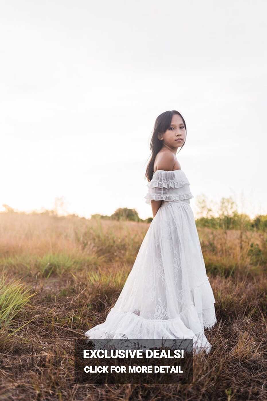 Buy Little Girls White Boho Dress, Hippie Flower Girl Maxi Dress ...