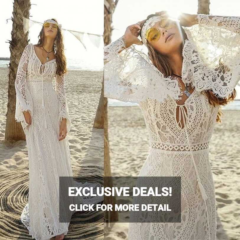 Buy Long Bell Sleeves Gypsy Bohemian Lace Wedding Dresses V Neck ...