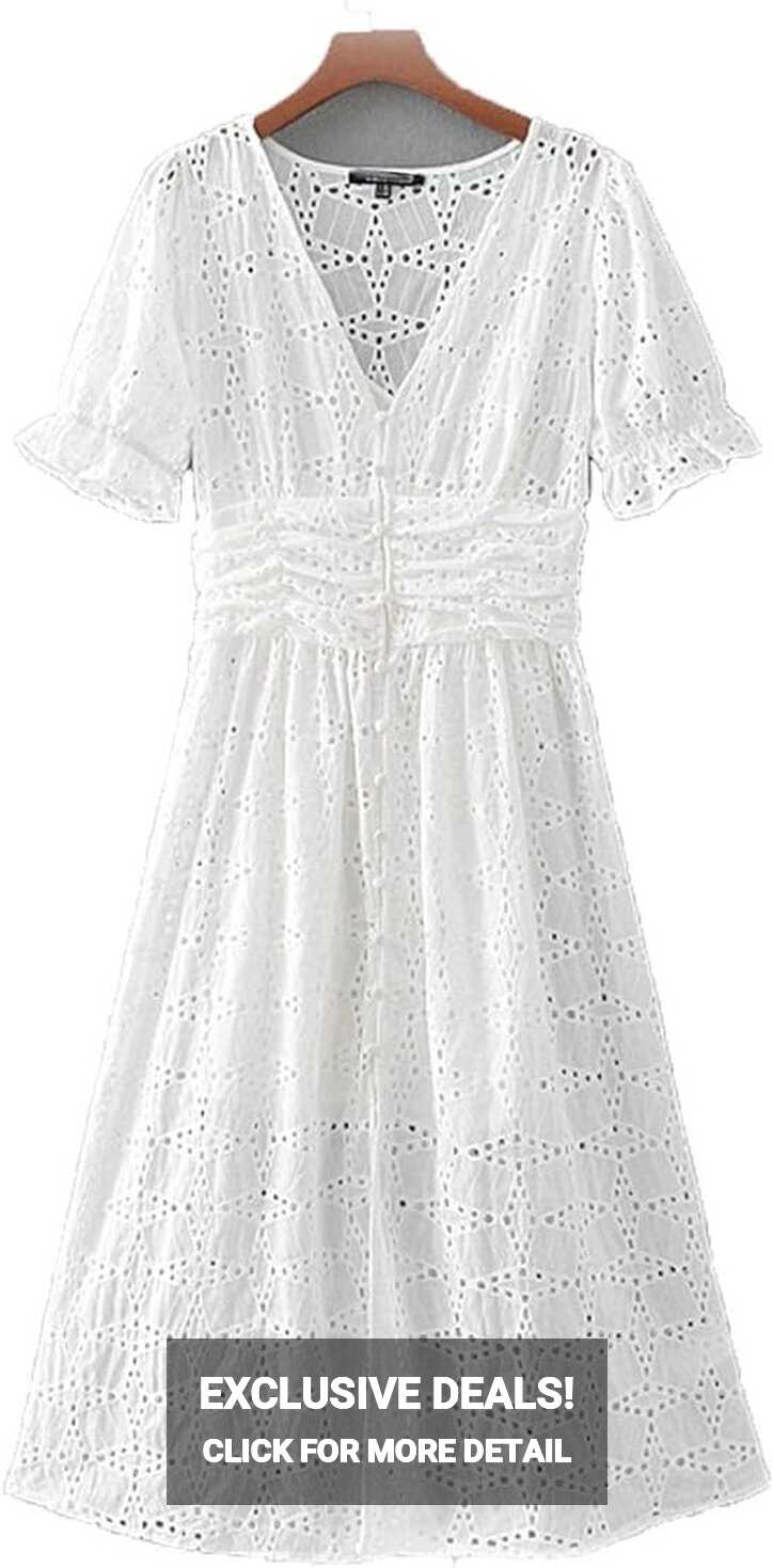 Buy Lovely-shop Cotton Hollow Dress Embroidery White Summer Dress ...