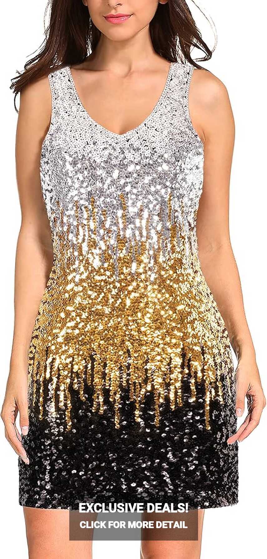 Buy MANER Women&#39;s Sequin Dress Sparkly Glitter V-Neck Sleeveless ...