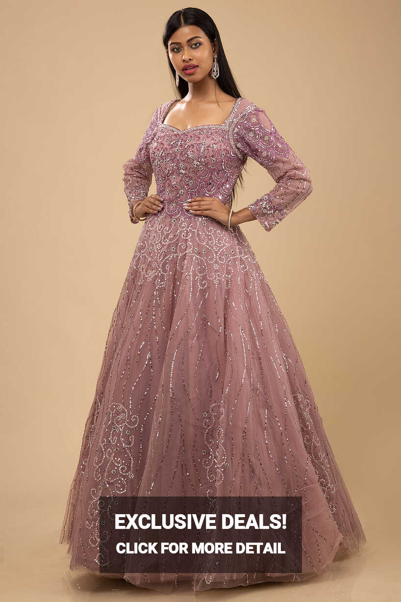 Buy Mauve Pink Sequins Embroidered Net Evening Gown Online | Samyakk