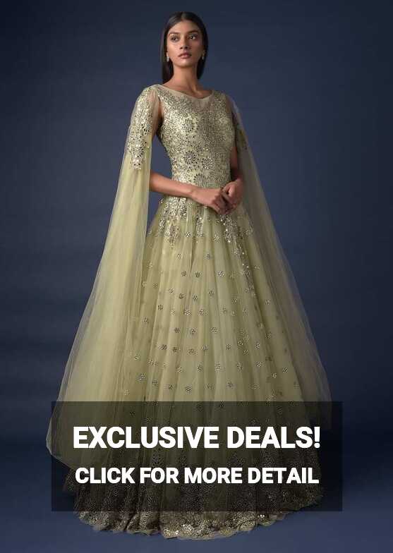 Buy Nature Green Ball Gown In Net With Extended Floor Length ...