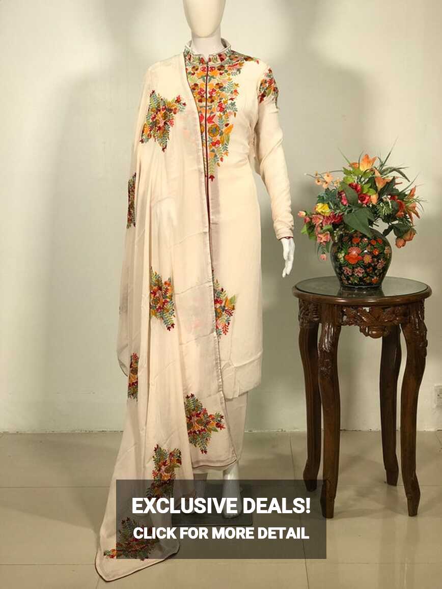 Buy Off White Achkan Style Kashmiri Embroidered Suit, Designer ...