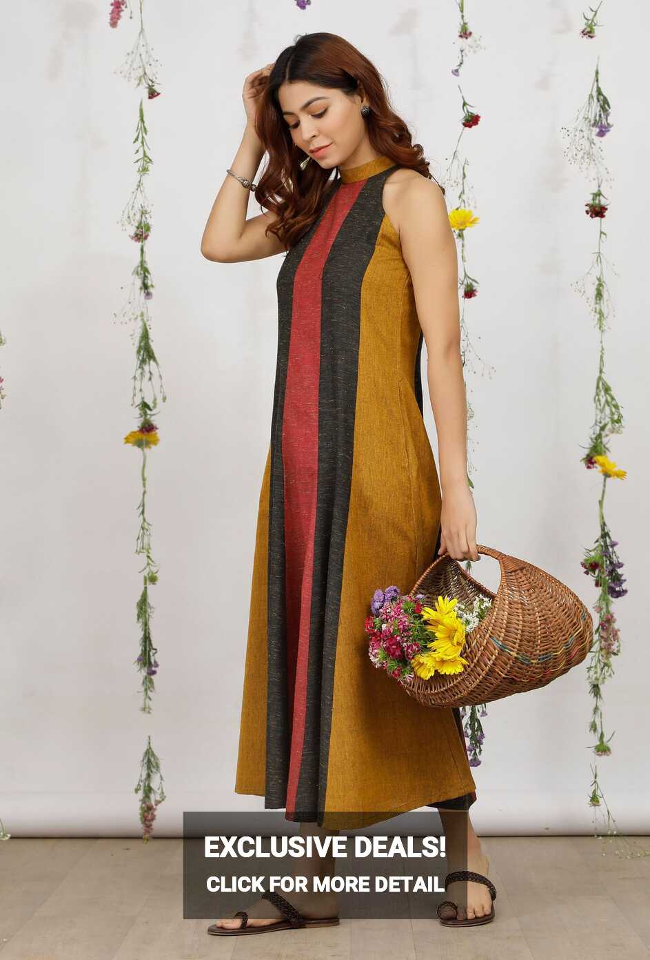 Buy Olive Khadi Cotton Flared Halter Neck Sleeveless Dress Online ...