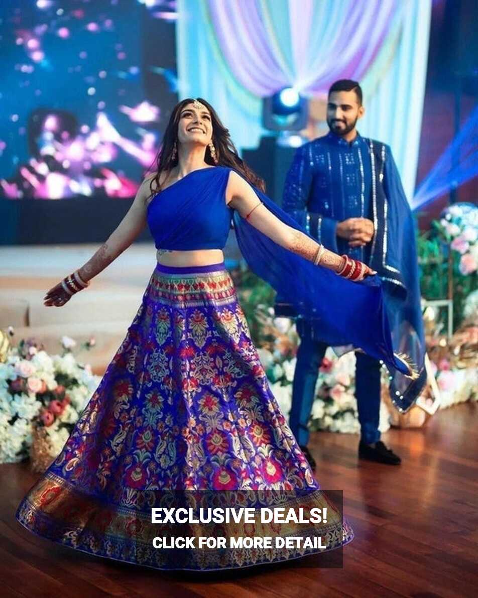 Buy One Shoulder Crop Top Skirt, Royal Blue Lehenga Choli for ...