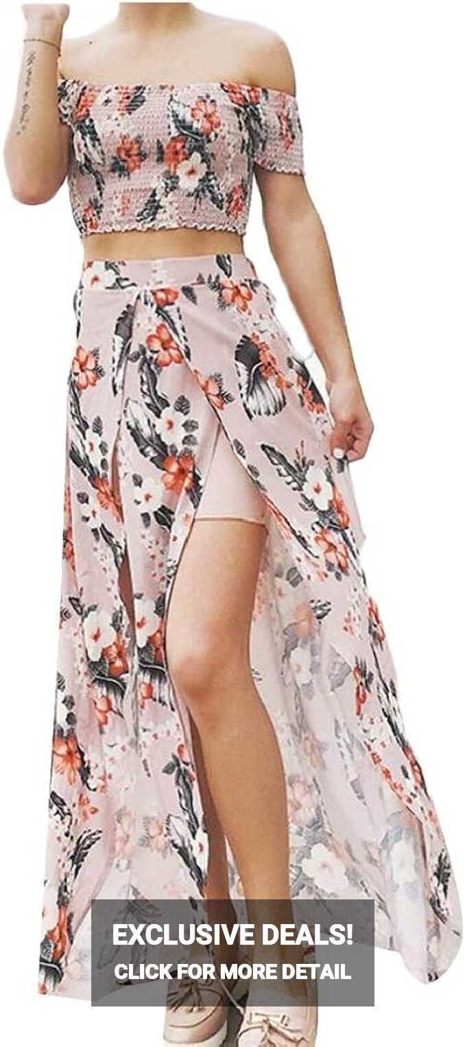 Buy OneTwoTG Women&#39;s Floral 2 Piece Crop Top Split Maxi Skirt Set ...