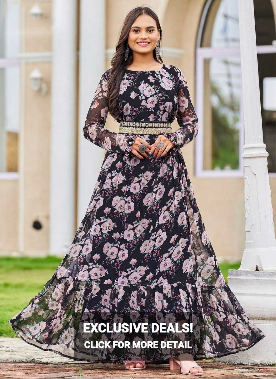 Buy Online Printed Georgette Gown in Black : 269418 -