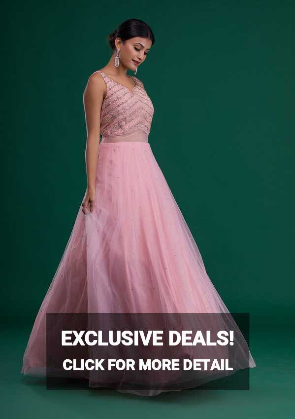 Buy Pink Stonework Net Designer Gown - Koskii