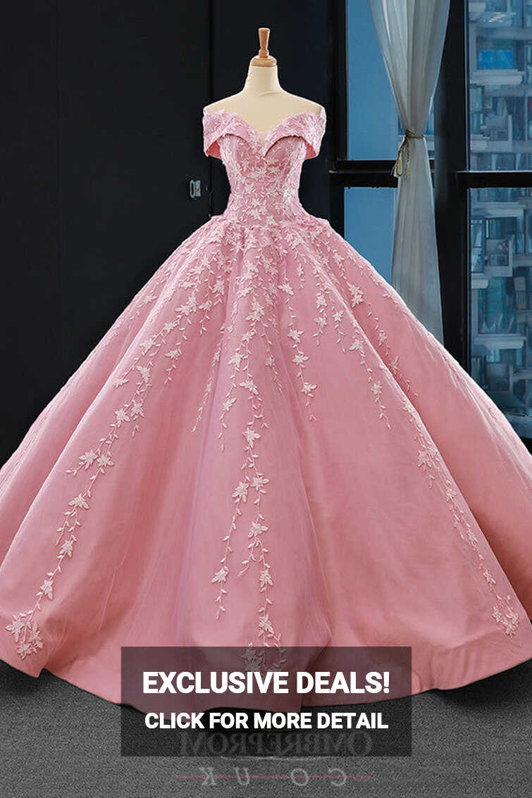 Buy Princess Pink Ball Gown Off-the-Shoulder Appliques Prom Dress ...