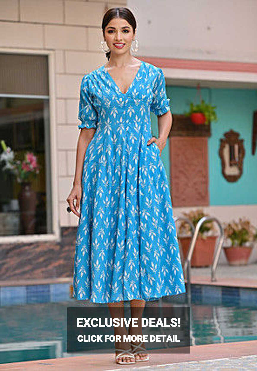 Buy Printed Cotton Dress in Sky Blue Online : TXG47 - Utsav Fashion