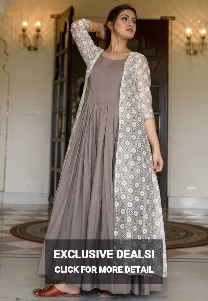 Buy Printed Muslin Cotton Gown in Grey and Off White Online ...