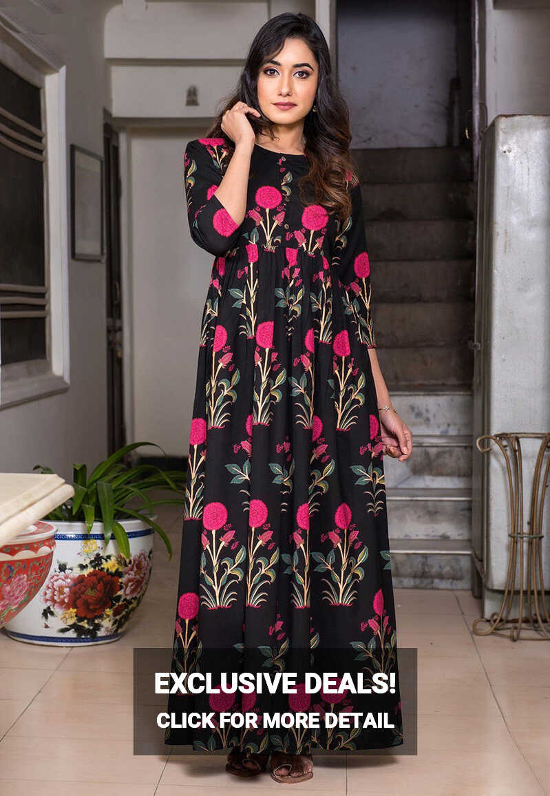 Buy Printed Muslin Cotton Maxi Dress in Black Online : TKL127 ...