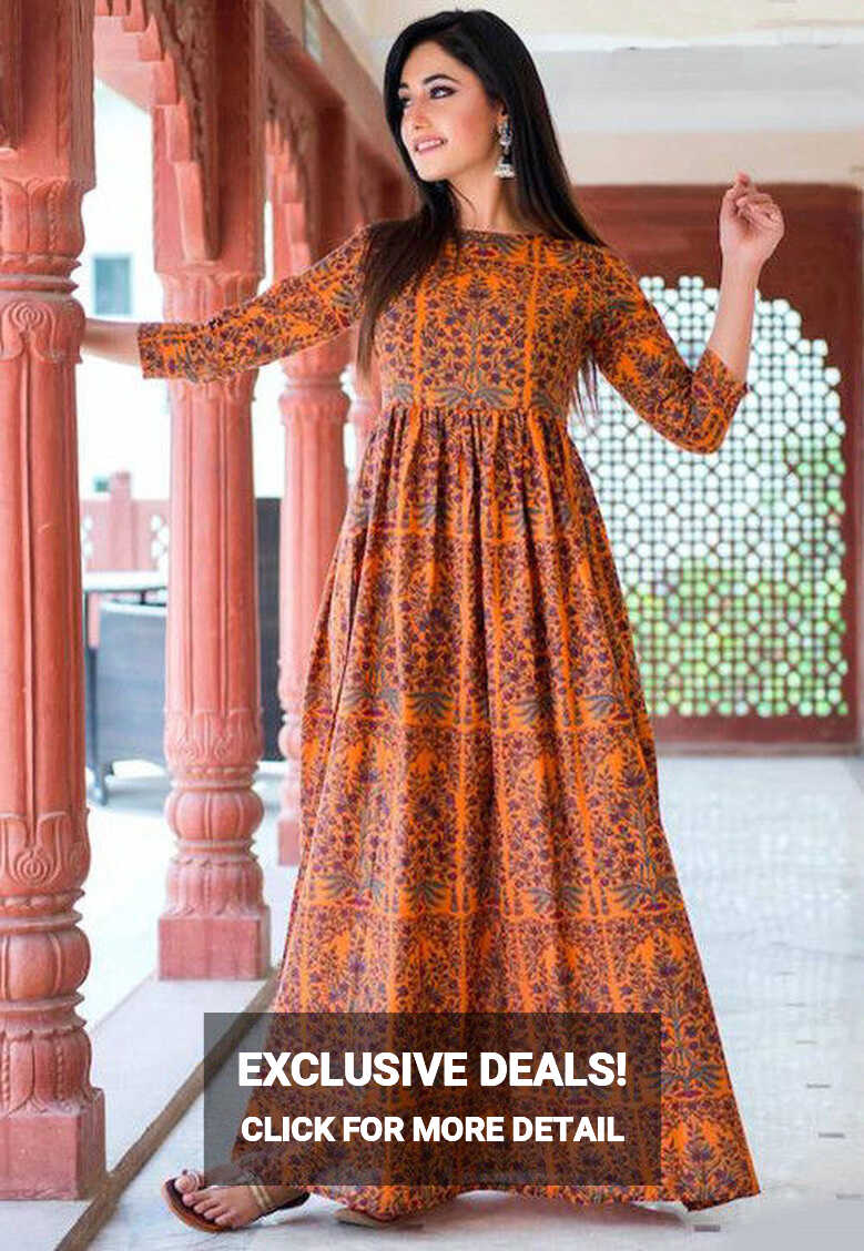 Buy Printed Muslin Cotton Maxi Dress in Orange Online : TKL130 ...