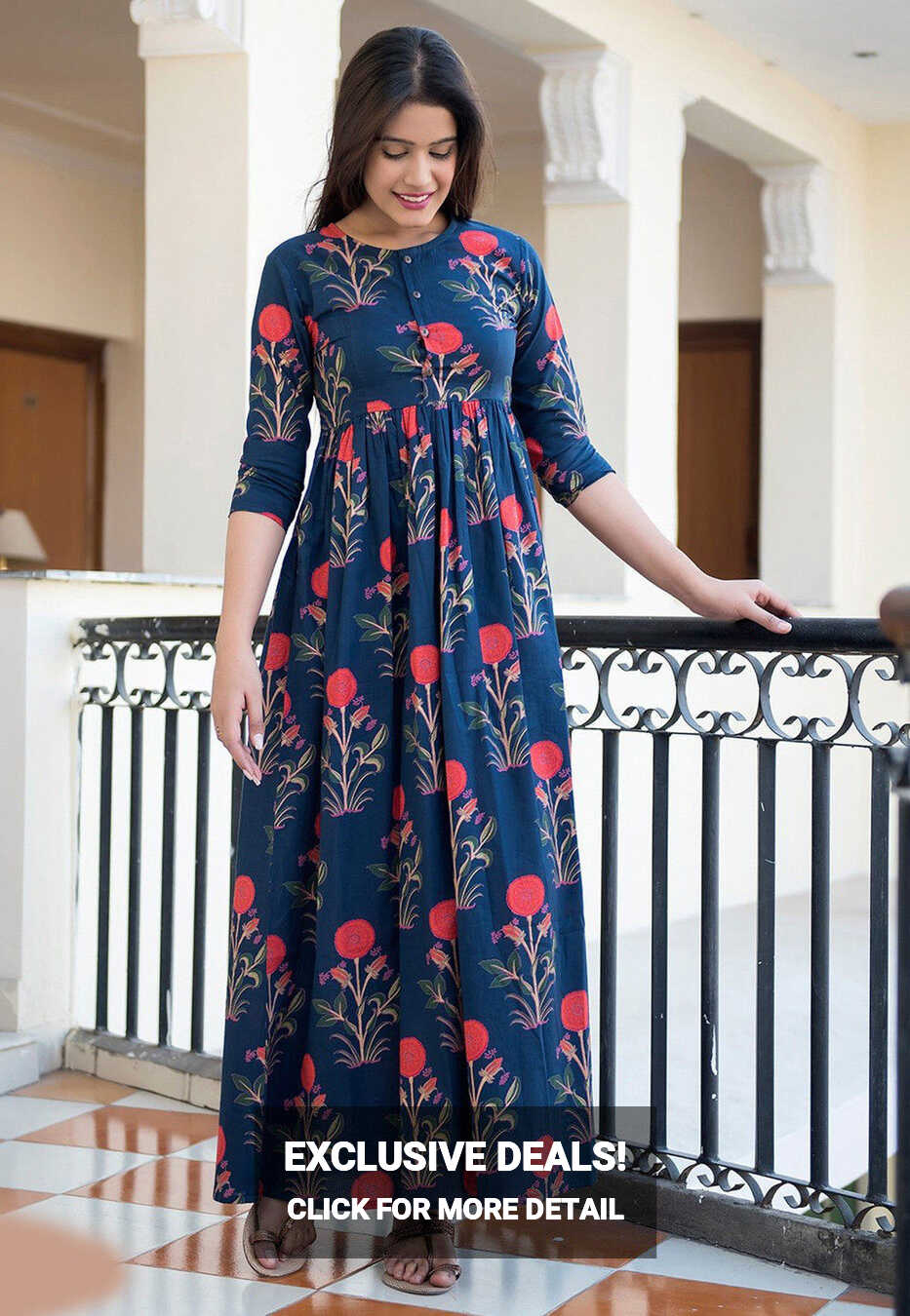 Buy Printed Muslin Cotton Maxi Dress in Teal Blue Online : TKL128 ...