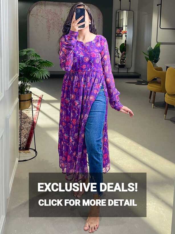 Buy Purple Floral Printed Georgette Naira Cut Casual Kurti From ...