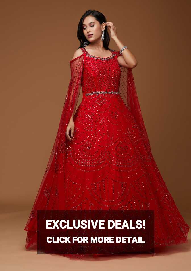 Buy Red Stonework Net Designer Gown - Koskii