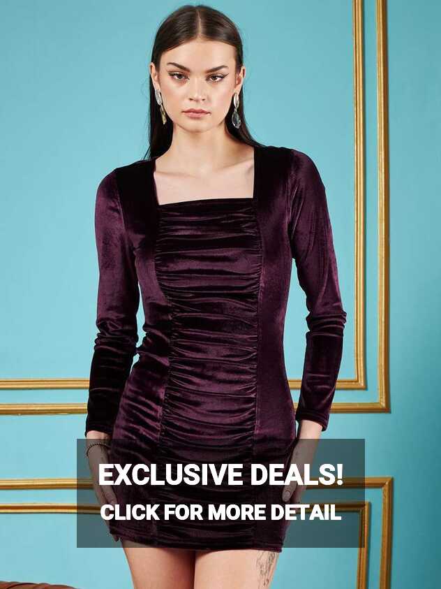 Buy SASSAFRAS Purple Square Neck Gathered Detail Velvet Bodycon ...