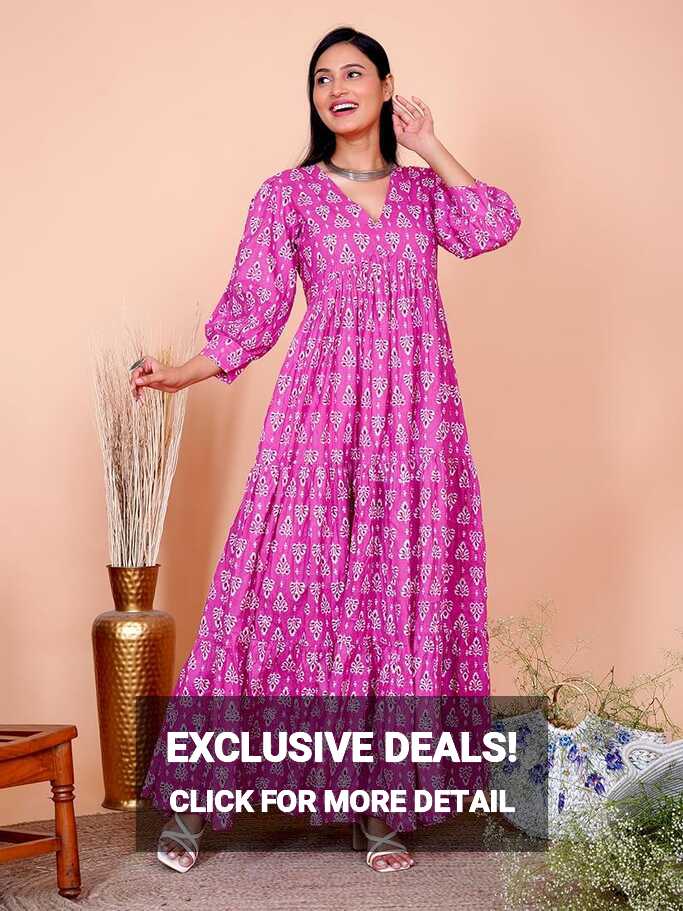 Buy Salvia Sky Magenta Floral Printed Cotton Long Maxi Dress (X ...