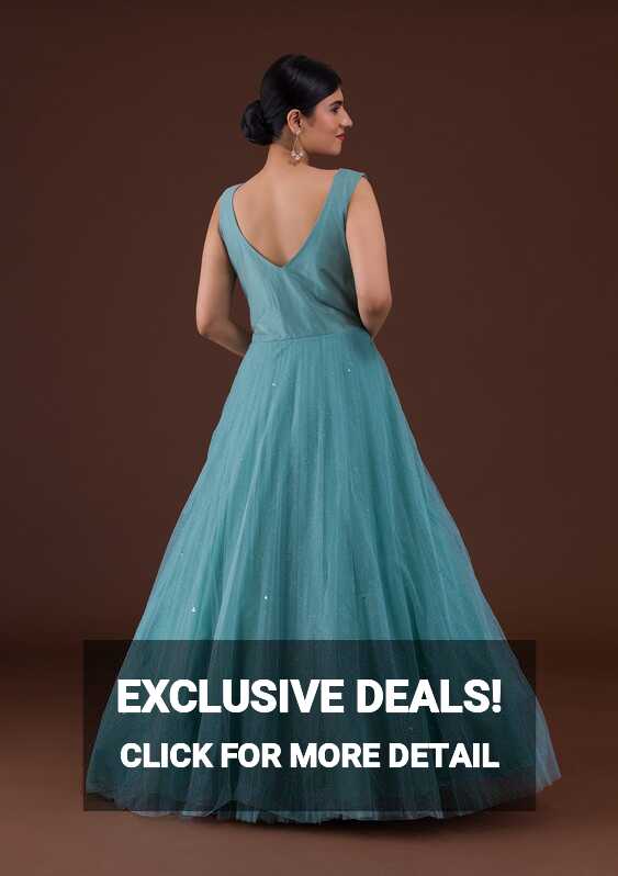 Buy Sea Green Mirrorwork Net Gown - Koskii