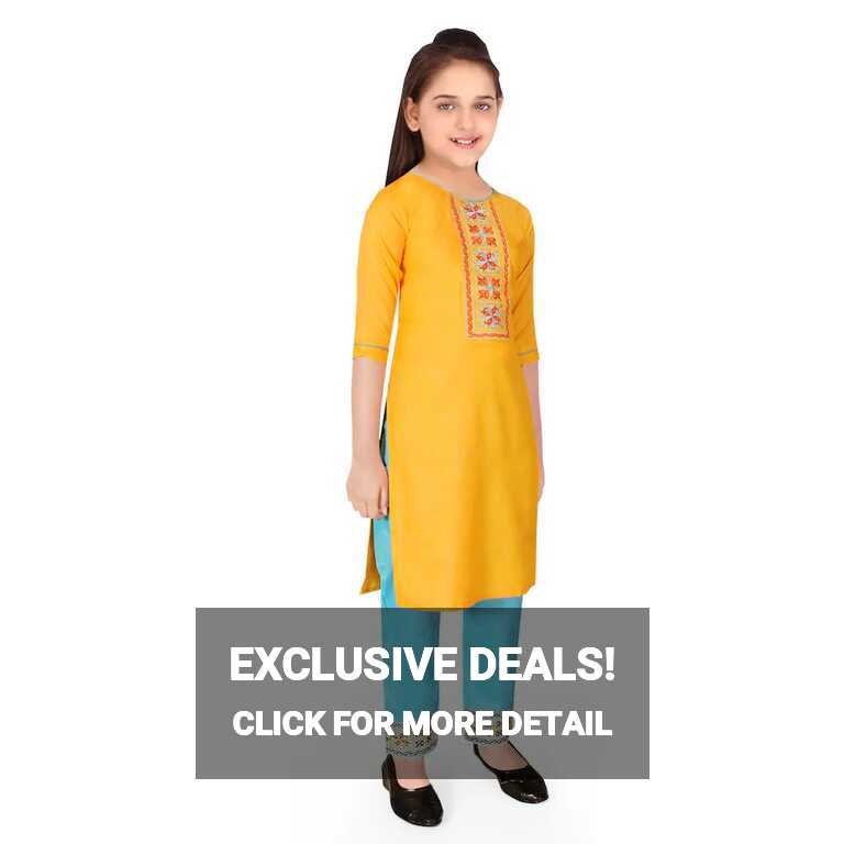 Buy Sevgi Girl&#39;s Embroidered Kurti and Trouser Set (Yellow 13-14 ...